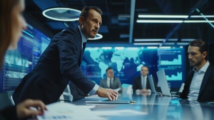 Business man as a corporate executive reviewing quarterly performance reports with a team of business analysts and corporate strategists making datadriven decisions in a hightech boardroom