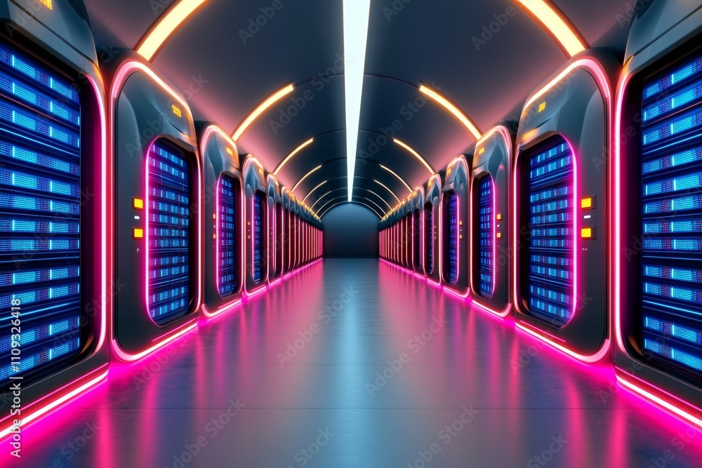 Poster abstract data storage room with glowing neon hues of blue and pink, highlighting digital supercomput