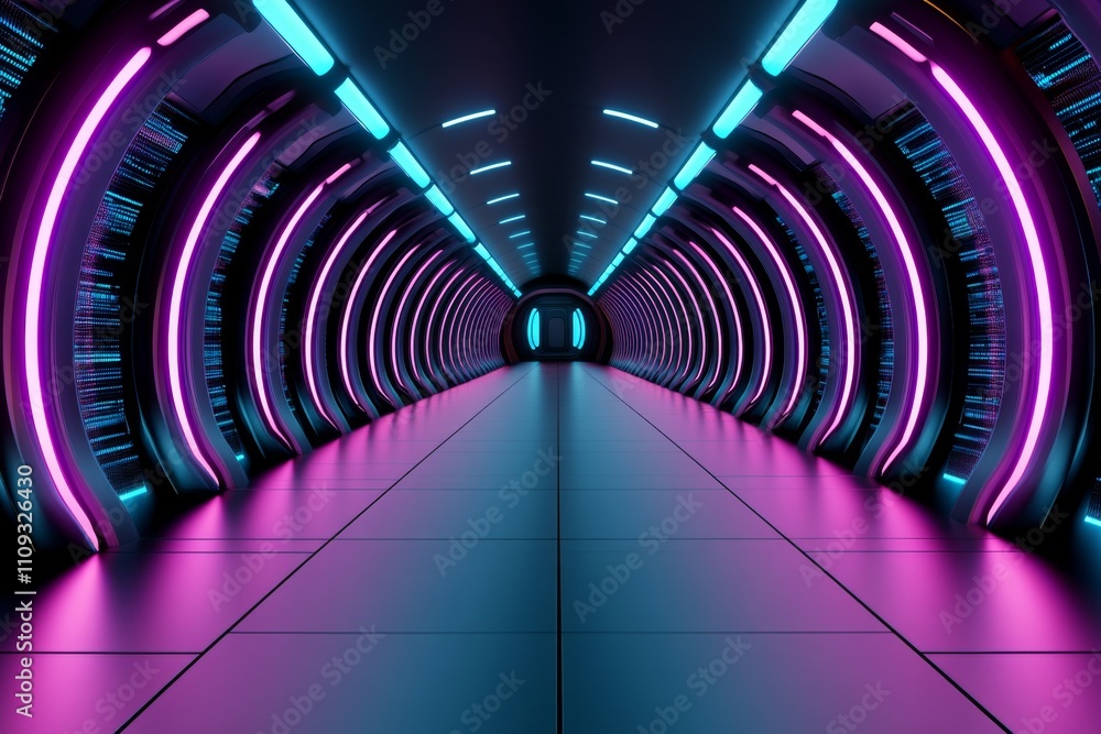 Poster Abstract server room filled with bright neon lights in shades of blue and pink, creating a high-tech atmosphere with digital data flow Realistic 3D vector illustration
