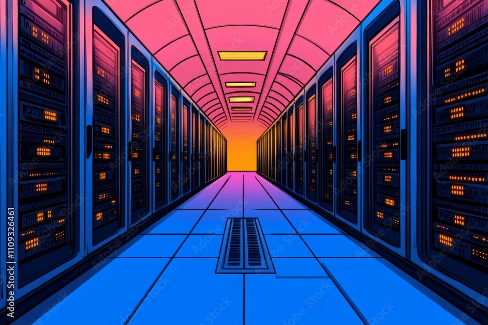 Aufkleber Advanced server room with digital equipment for cryptocurrency mining, blockchain networking, and cloud storage, drawn as a sleek vector cartoon illustration