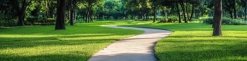Obraz premium Winding park path in lush greenery under sunlight