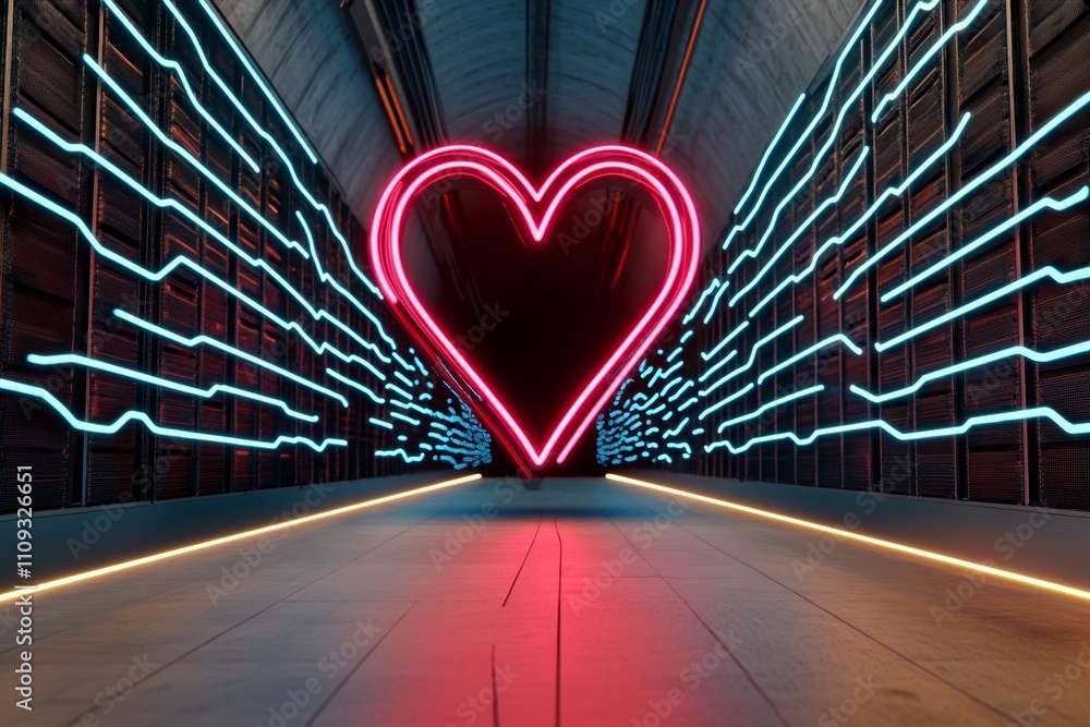 Poster Bright neon blue and pink illuminated server blocks in a futuristic data center, forming a digital corridor of advanced database technology Realistic 3D vector illustration