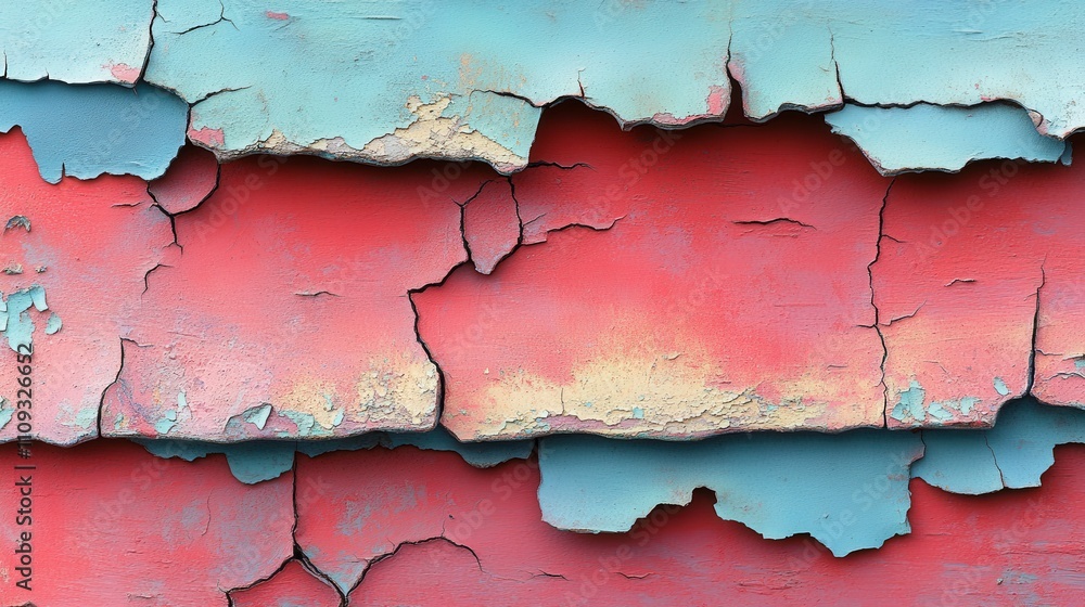 Poster abstract close-up of weathered wooden surface with peeling paint showcasing vibrant red and blue col