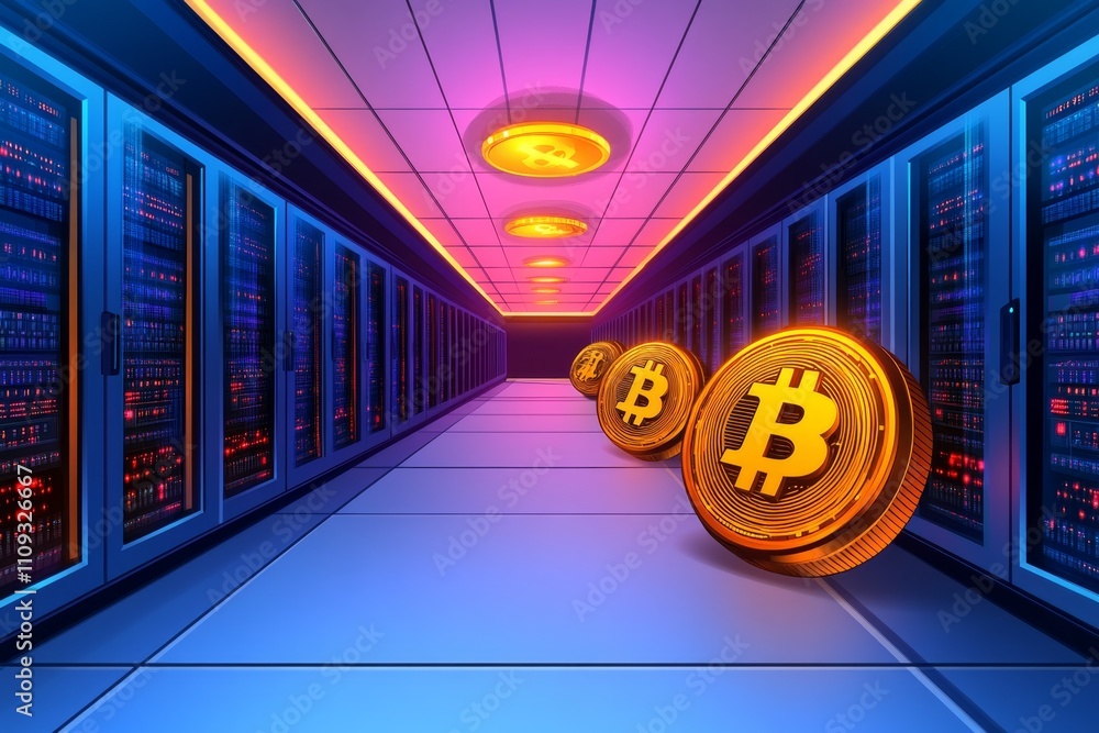 Poster clean and futuristic server room with glowing hardware racks, database equipment, and cryptocurrency