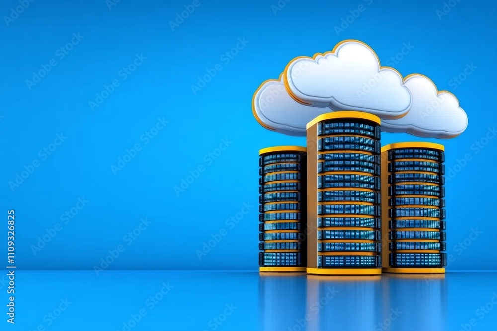Poster data storage facility with digital hardware racks and cloud computing icons, showcasing the modern t