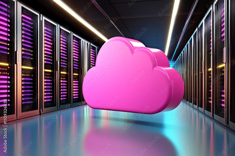Poster data storage facility with digital hardware racks and cloud computing icons, showcasing the modern t