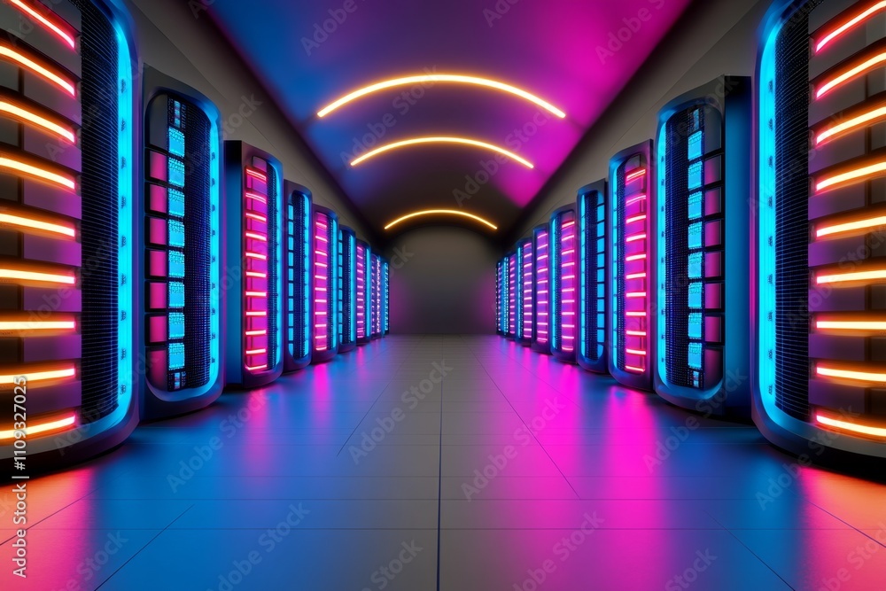 Poster Futuristic server blocks glowing in bright neon blue and pink, creating an abstract tunnel of digital connectivity and data storage Realistic 3D vector illustration