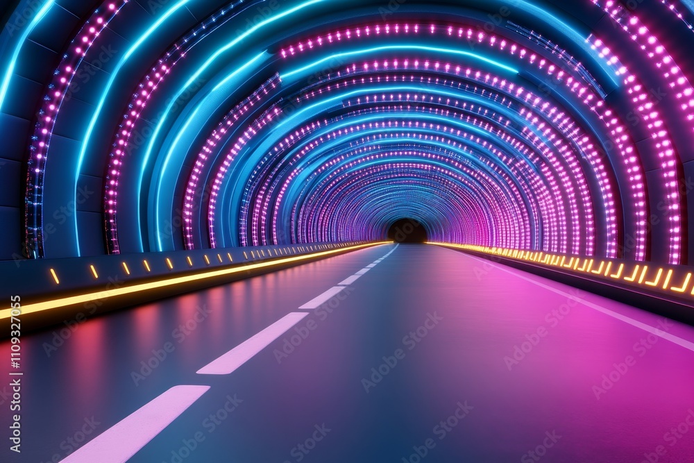 Poster Futuristic server blocks glowing in bright neon blue and pink, creating an abstract tunnel of digital connectivity and data storage Realistic 3D vector illustration