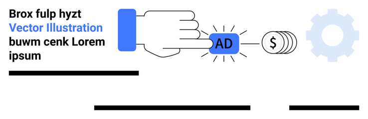 Hand pressing a blue AD button with a coin stack and gear icons, representing digital marketing, monetization, ad campaigns, automation, and business optimization. Ideal for websites, blogs