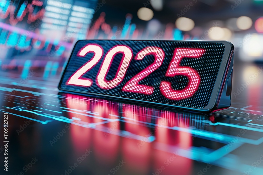 Poster digital led display with 2025 projection on futuristic background