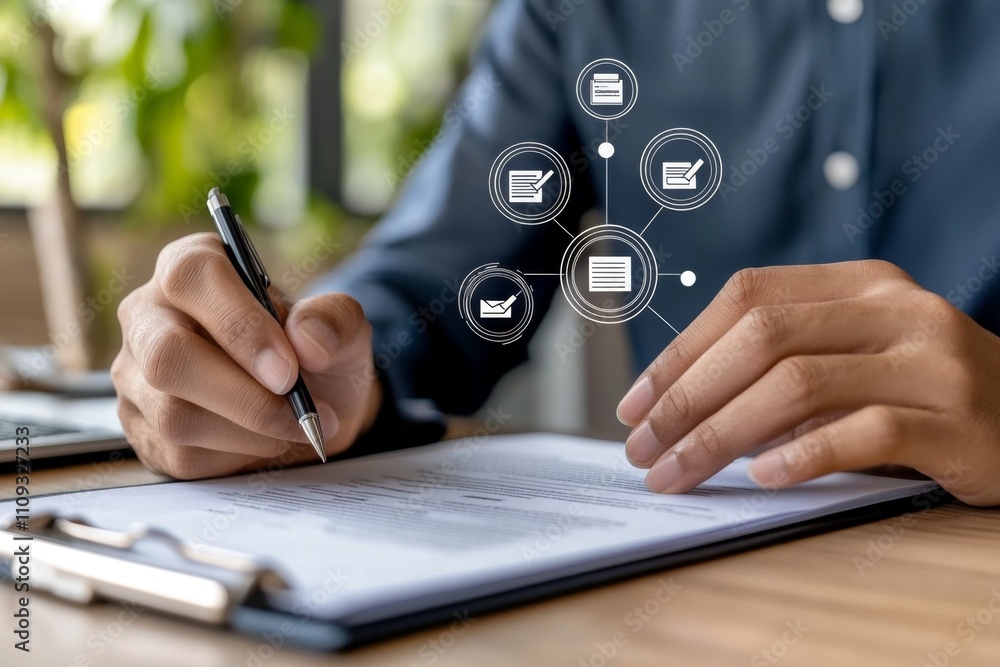Poster Hands navigating on a touchscreen with digital document icons, approval check marks, and a sleek futuristic blue overlay, representing online validation processes