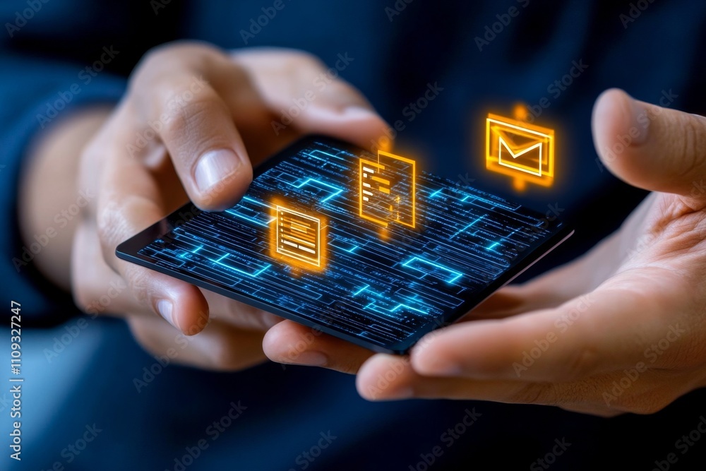 Poster hands scrolling on a digital screen with document approval icons floating in a futuristic blue inter