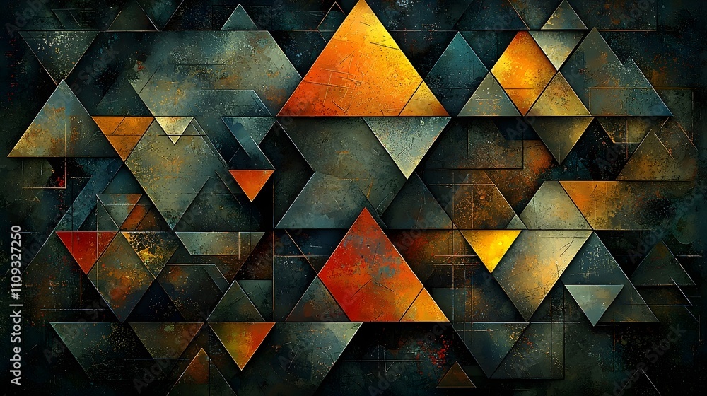 Poster an abstract geometric pattern featuring a mosaic of triangles in shades of blue, orange, and gold, c