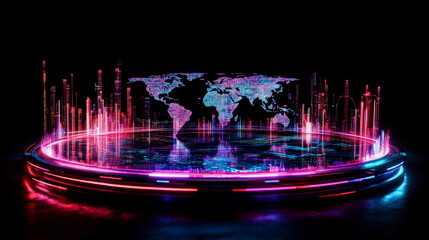 A futuristic hologram of a world map with data charts hovering around it