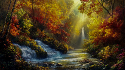 Enchanting autumn forest with sunlight filtering through trees, featuring a magical river flowing through the scene