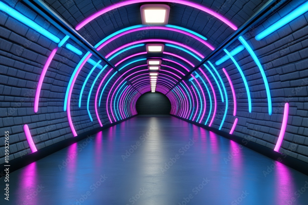 Aufkleber Modern data warehouse with neon blue and pink glowing servers arranged in a symmetrical tunnel, representing advanced database systems Realistic 3D vector illustration
