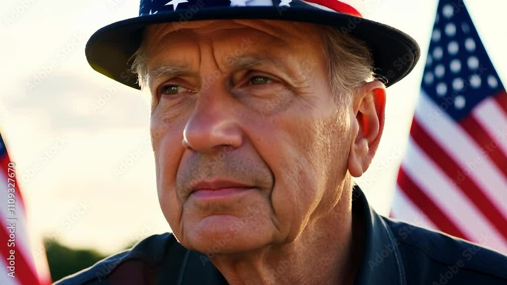 Poster man wearing a hat with the american flag on it. he is looking at the camera. there are several ameri