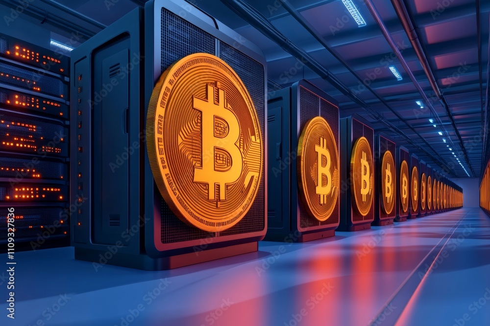 Poster Modern server room with interconnected digital systems, cloud-based storage units, and cryptocurrency mining rigs, visualized in a contemporary vector cartoon design