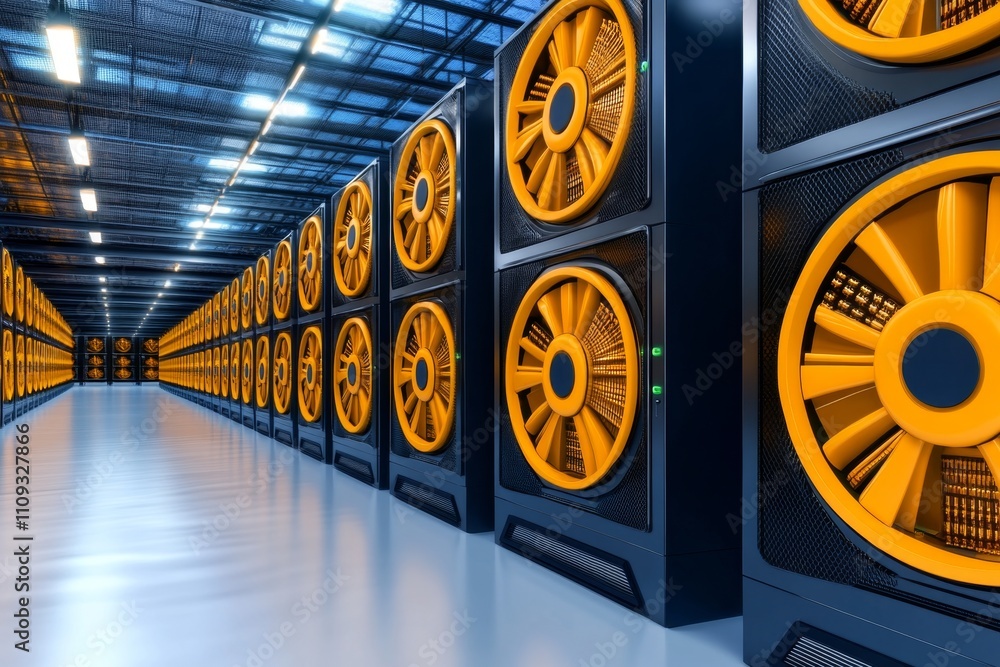 Poster Modern server room with interconnected digital systems, cloud-based storage units, and cryptocurrency mining rigs, visualized in a contemporary vector cartoon design