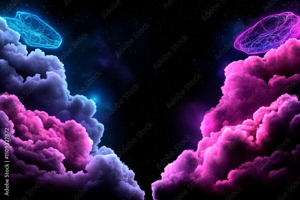 Aufkleber Neon-lit clouds glowing vibrantly in a futuristic cyberpunk sky, with faint holographic patterns floating within them