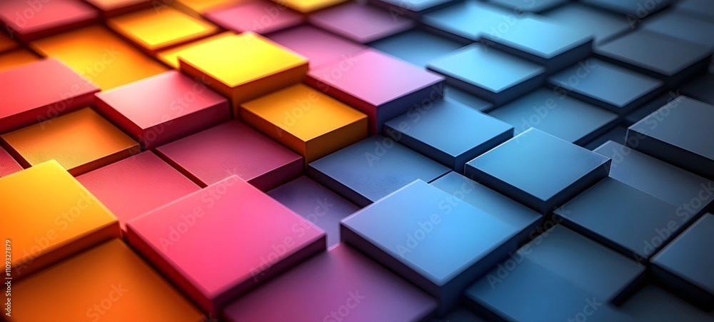 Poster a dynamic arrangement of colorful 3d squares in vibrant hues of orange, pink, and blue, creating a v