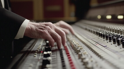 Obraz premium Serene audio studio with sound engineer adjusting noise reduction settings on mixing console, symbolizing the meticulous process of eliminating unwanted sounds.