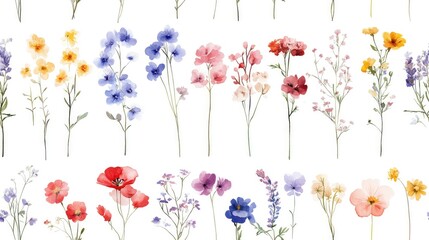 Seamless pattern of watercolor pastel wildflower bouquets with delicate stems and tiny leaves perfect for wedding stationery and greeting cards