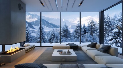 Naklejka premium A modern living room with a fireplace and large windows showcasing a snowy mountain landscape.