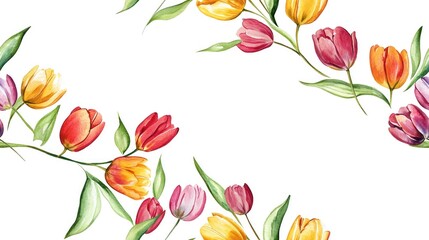 Hand painted watercolor frame adorned with colorful tulips perfect for enhancing logos wedding invitations greeting cards and posters