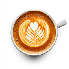 Top view of a cup of coffee with latte art, isolated on white background 