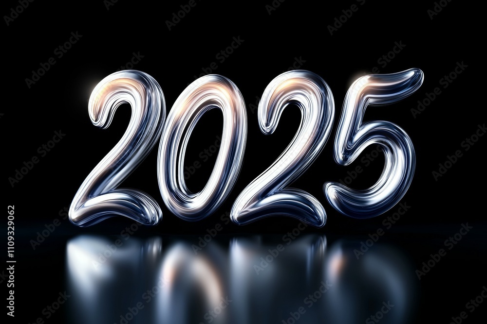 Poster shiny metallic 2025 numbers with dark reflection background