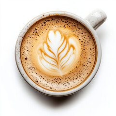 Top view of a cup of coffee with latte art, isolated on white background 