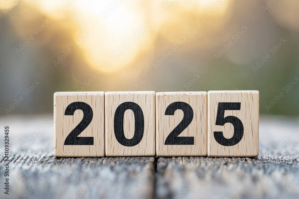 Aufkleber wooden blocks displaying year 2025 on rustic surface with warm background
