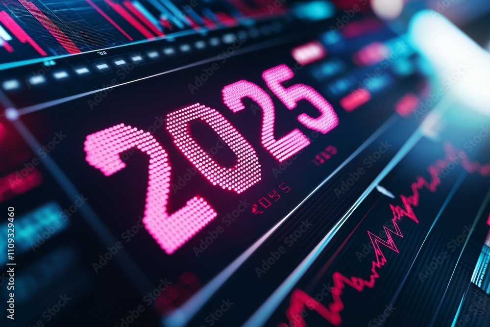 Aufkleber futuristic digital display of year 2025 with financial graphs and data
