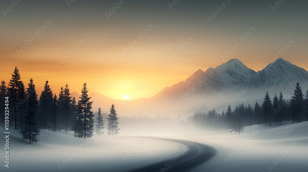 Wall mural Snowy forest scenery under a bright clear winter sky, with a light dusting of snow and a peaceful winter atmosphere, perfect for winter-themed photography. Ultra-Realistic, Photo Realistic, 