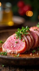 Argentinian vitel toné, sliced veal with tuna sauce, festive table setup, soft holiday lighting, cozy background