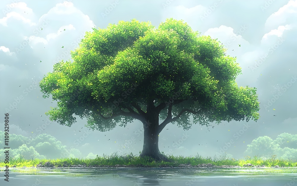 Poster a lush green tree stands majestically on the banks of a serene lake, surrounded by soft wisps of mis