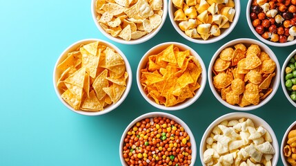 An assortment of colorful snacks in bowls against a vibrant turquoise background.