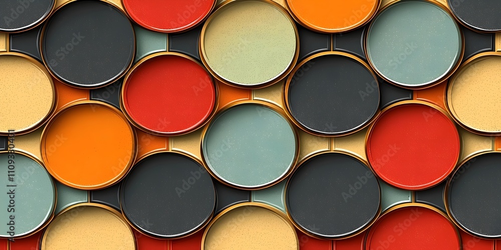 Poster a vibrant collection of paint cans in various colors arranged in a circular pattern, showcasing shad