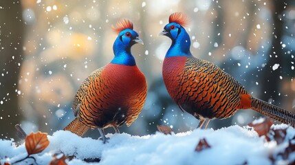 Two golden pheasants with blue heads and red bodies in a winter forest. AI generated illustration