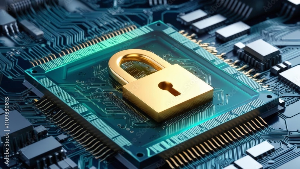 Poster a golden padlock rests on a microchip, symbolizing cybersecurity and data protection in a digital en