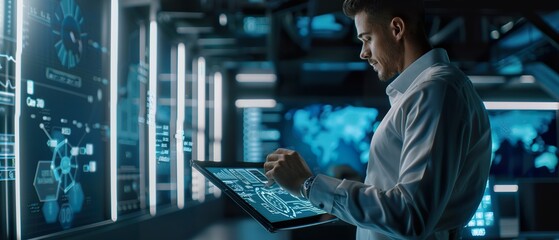 Businessman Analyzing Customer Service Metrics on Digital Tablet in Sleek Office