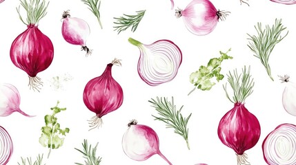 Colorful seamless pattern of watercolor vegetables including fennel radish rosemary and red onion against a clean white background perfect for textile design kitchen decor