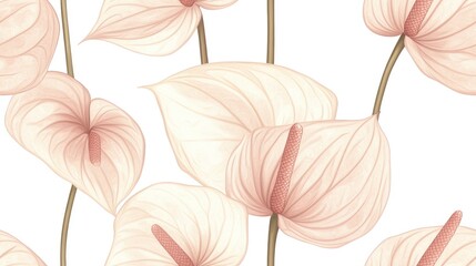 Seamless pattern of hand drawn soft pink beige anthurium flowers on a clean white background ideal for invitations and textile design