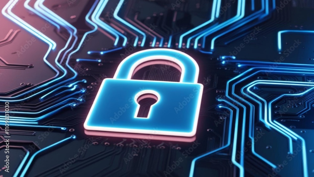 Poster a digital lock icon on a circuit board background, symbolizing cybersecurity and data protection in 
