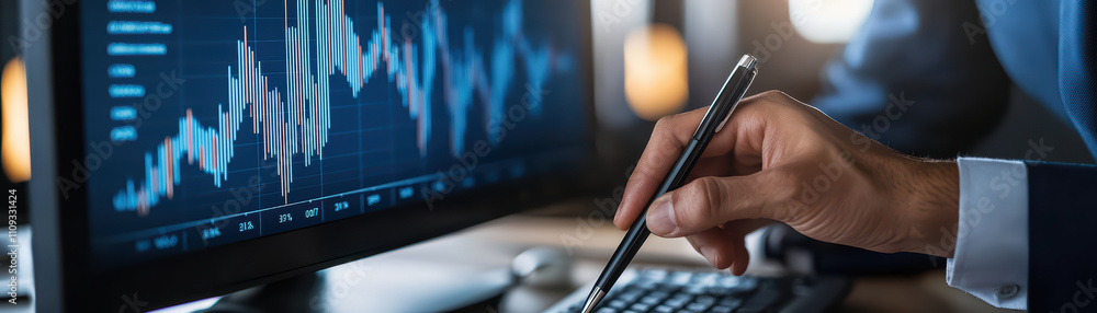Poster focused individual analyzes financial data on computer screen, using pen to take notes. screen displ