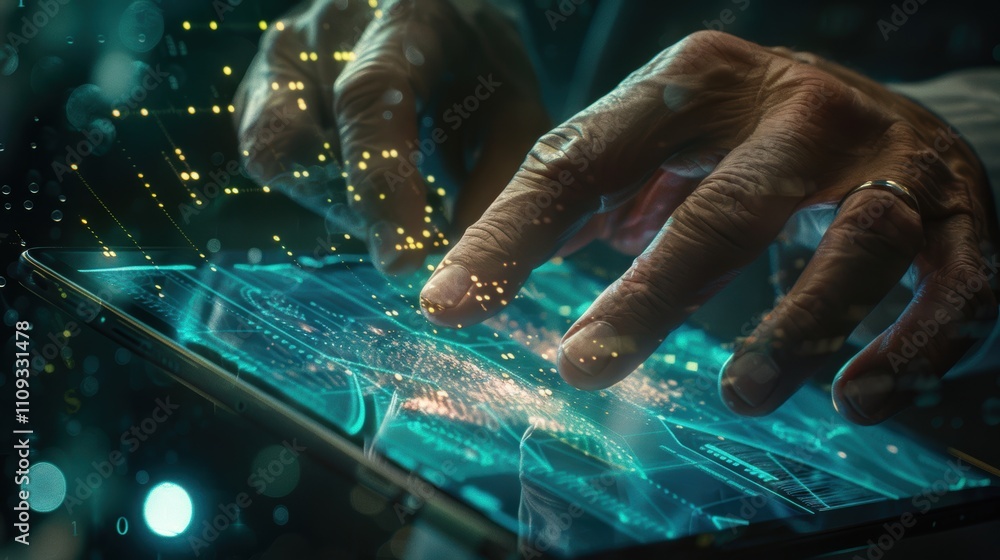 Poster a close-up of hands interacting with a futuristic touchscreen interface.