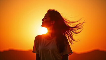 Fototapeta premium Silhouette of a woman with flowing hair bathed in the warm golden light of a sunset.