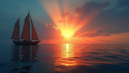 A sailboat glides across the ocean at sunset  bathed in the warm  golden light.