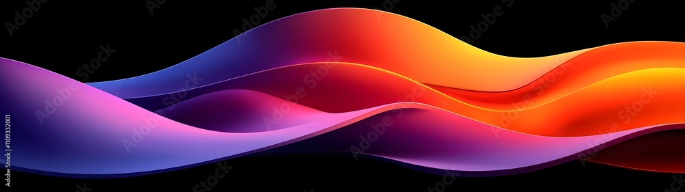 Poster an abstract wave design featuring vibrant hues of purple, orange, and red against a dark background,